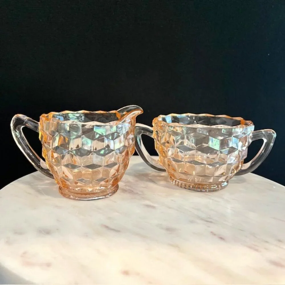 Pink Depression Glass Cubist Jeanette Mid Century MCM Sugar and Creamer